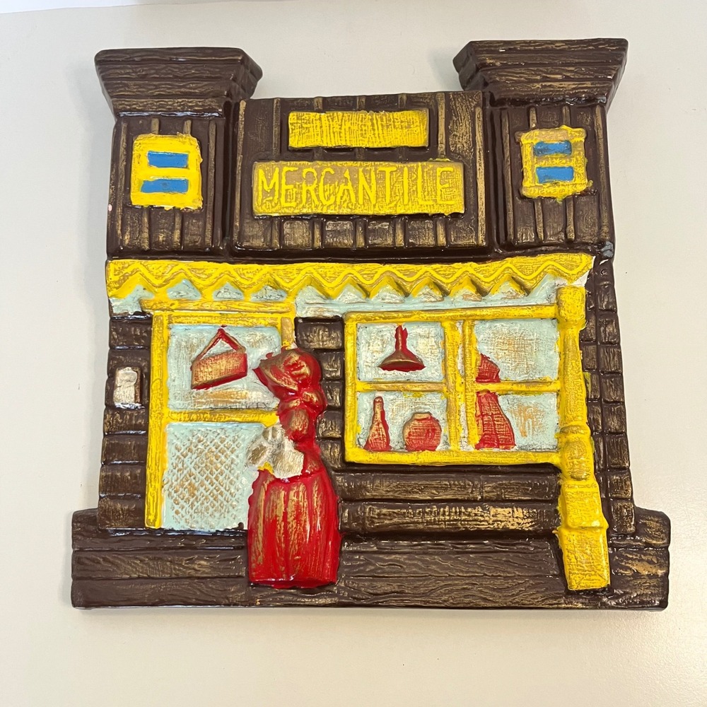 Vintage 3D Relief Mercantile Storefront Wall Plaque Chalkware Americana Decor